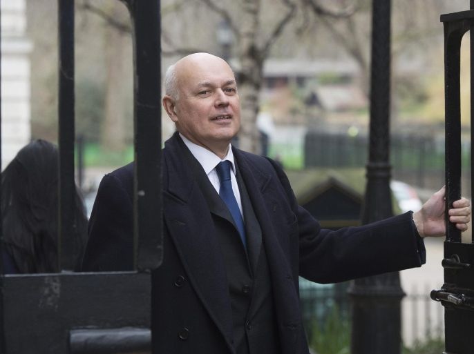 British Secretary of State for Pensions Iain Duncan Smith leaves a cabinet meeting at 10 Downing Street, Central London, Britain, 08 March 2016.