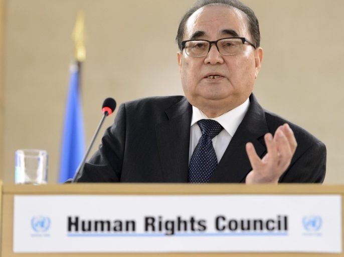 Minister for Foreign Affairs of North Korea Ri Su Yong delivers his statement during the 31st session of the Human Rights Council, Tuesday, March 1, 2016, at the European headquarters of the United Nations in Geneva, Switzerland. (Laurent Gillieron/Keystone via AP)
