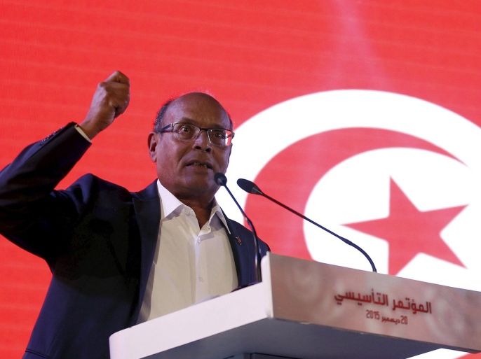Former Tunisian President Moncef Marzouki speaks at a meeting to launch his new political party in Tunis, Tunisia December 20, 2015. REUTERS/Zoubeir Souissi
