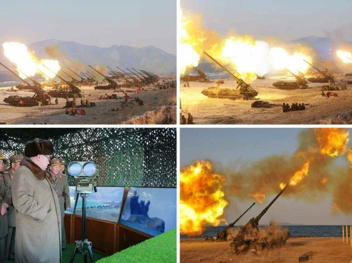 An undated handout combo photo made available by North Korea's state-run newspaper Rodong Sinmun on 25 March 2016 shows North Korean leader Kim Jong-un (bottom-L) purportedly watching a long-range artillery exercise during an inspection tour in an unknown location in North Korea. The state newspaper reported Kim has called on the military to be ready to strike South Korea's presidential office and government bodies. The report did not reveal when and where the drills took place. EPA/RODONG SINMUN / HANDOUT