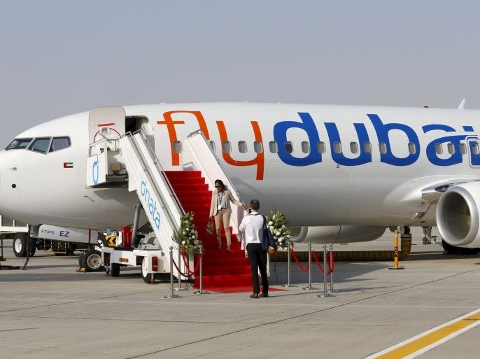 A Flydubai plane is pictured at the Dubai Airshow November 8, 2015. The biennial event will be held November 8-12. REUTERS/Ahmed Jadallah