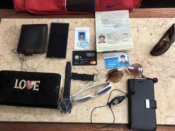 A handout photograph released by the Egyptian Interior Ministry on 24 March 2016 is said to show belongings of murdered Italian student Giulio Regeni, that were found after suspected criminals were killed, in Cairo, Egypt. The Interior Ministry said on 24 March that four members of a criminal gang were killed in gunfire with policemen. The personal belongings of Regeni were afterwards found at the home of one of the suspects' relatives. Regeni's body was found on 03 February with signs of torture after he went missing on 25 January. EPA/EGYPTIAN INTERIOR MINISTRY/HANDOUT