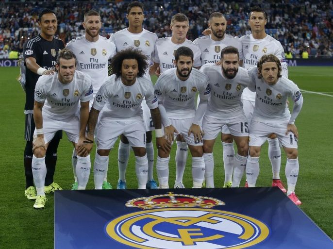 Real Madrid players pose for a photo ahead of a Group A Champions League soccer match between Real Madrid and Shakhtar Donetsk at the Santiago Bernabeu stadium in Madrid, Spain, Tuesday, Sept. 15, 2015. (AP Photo/Francisco Seco)