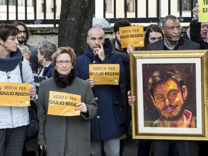 Some protesters hold a banner reading 'The truth for Giulio Regeni', during a protest in front of Egyptian embassy in Rome, Italy, 25 February 2016. Giulio Regeni, an Italian PhD student at Cambridge University, disappeared in Egypt in January 2016 and was found dead after about a week with signs of torture. The 28-year-old Italian researcher was brutally murdered and his mutilated body was found dumped in a ditch on 03 February 2016 after he went missing on 25 January.