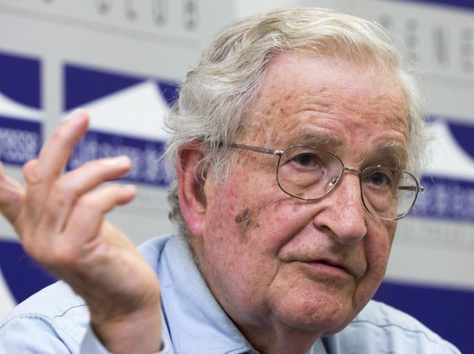 US linguist and philisopher Noam Chomsky answers questions to journalists, during a press conference at the Geneva Press Club in Geneva, in Geneva, Switzerland, 26 July 2013.