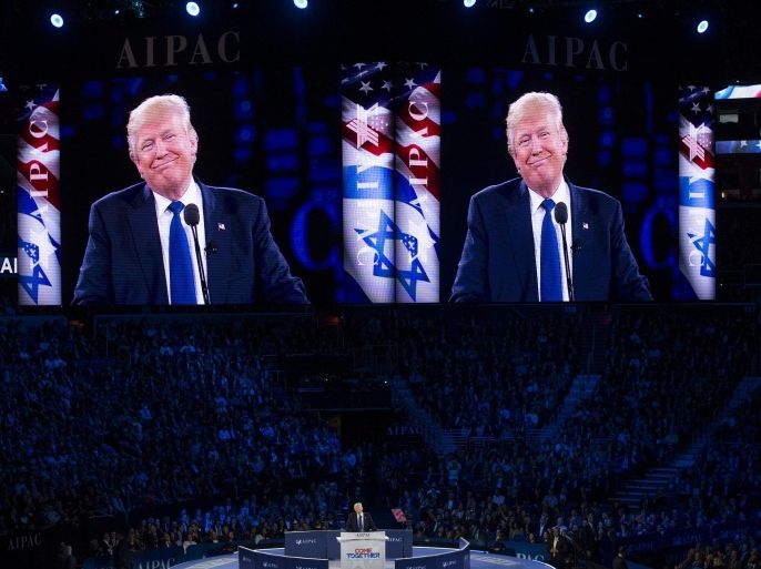 2016 Republican presidential candidate Donald Trump delivers remarks at the American Israel Political Action Committee (AIPAC) Policy Conference in Washington, DC, USA, 21 March 2016. AIPAC is an American pro-Israel lobby group.