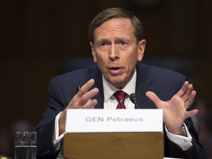 Former CIA Director David Petraeus testifies on Capitol Hill in Washington, Tuesday, Sept. 22, 2015, before the Senate Armed Services Committee hearing on Middle East policy. (AP Photo/Evan Vucci)