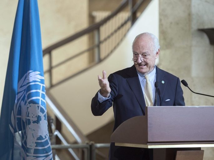 Staffan de Mistura, UN Special Envoy of the Secretary-General for Syria, speaks after the Update on Task Force for Humanitarian Access in Syria, at the European headquarters of the United Nations, in Geneva, Switzerland, 14 April 2016.