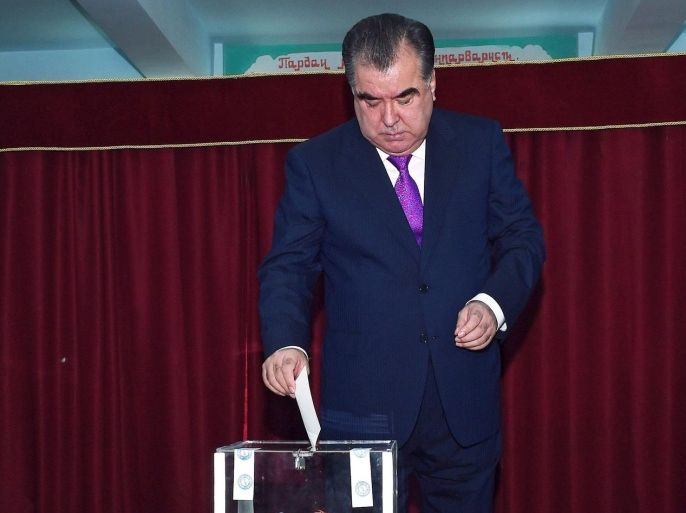 A handout image made available by the Tajik President's Press Service shows Tajik President Emomali Rakhmon casting his vote at a polling station during the Referendum in Dushanbe, Tajikistan, 22 May 2016. Citizens vote in a referendum on amendments to the constitution. Among the amendments proposed are to lift the limits for the number of a president's terms in office, to lower the age limit for presidential candidates, and to ban religion-based parties. EPA/TAJIK PRESIDENT PRESS OFFICE / HANDOUT