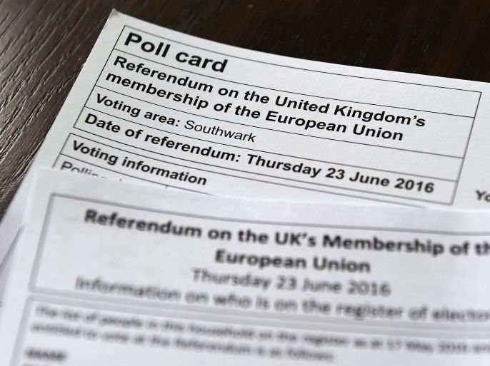 The United Kingdom EU (Brexit) referendum poll card is displayed in London, Britain, 23 May 2016. Its a month to go before Britons will vote whether to remain or leave the EU, on June 23.
