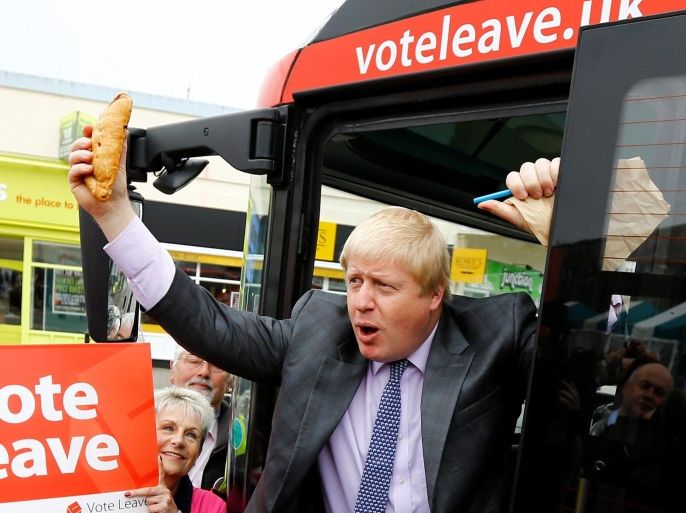 Former London Mayor Boris Johnson holds up a Cornish pasty during the launch of the Vote Leave bus campaign, in favour of Britain leaving the European Union, in Truro, Britain May 11, 2016. REUTERS/Darren Staples TPX IMAGES OF THE DAY