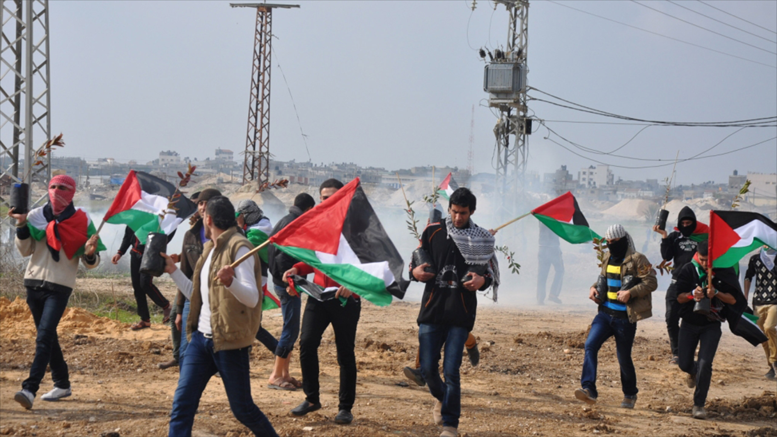 ‪شبان فلسطينيون يحملون أشتال الزيتون وأعلام فلسطين يتعرضون للغاز المدمع‬  (الجزيرة)