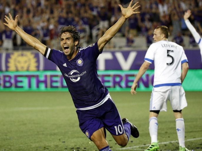 May 21, 2016; Orlando, FL, USA; Orlando City SC midfielder Kaka (10) reacts after assisting on a goal by forward Cyle Larin (not pictured) against the Montreal Impact during the second half at Camping World Stadium. Orlando City SC defeated the Montreal Impact 2-1. Mandatory Credit: Kim Klement-USA TODAY Sports