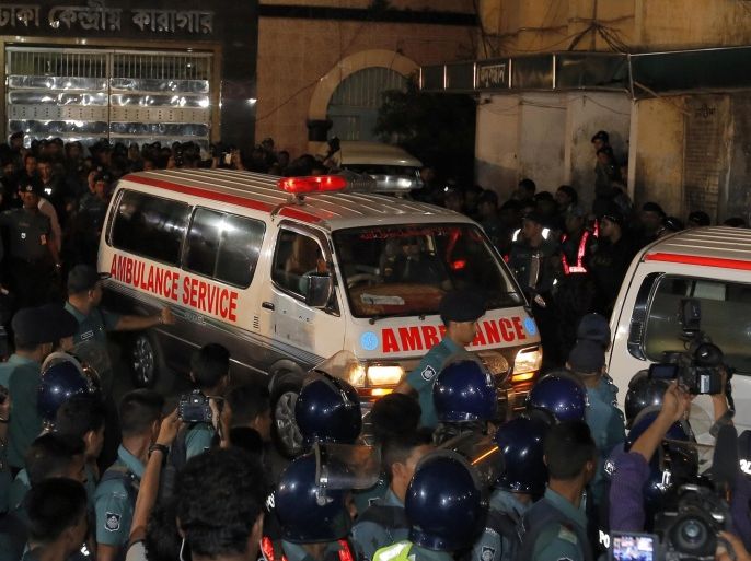 Bangladeshi security personnel cordon an ambulance leaving central jail, carrying the body of Jamaat-e-Islami party chief Motiur Rahman Nizami, after he was executed in Dhaka, Bangladesh, early Wednesday, May 11, 2016. Nizami is the fifth senior official from opposition parties to be executed since 2013 for war crimes carried out during the 1971 war. Three other senior members of Nizami's Jamaat-e-Islami party and a top leader of the main opposition Bangladesh Nationalist Party led by former Prime Minister Khaleda Zia were also hanged. (AP Photo)