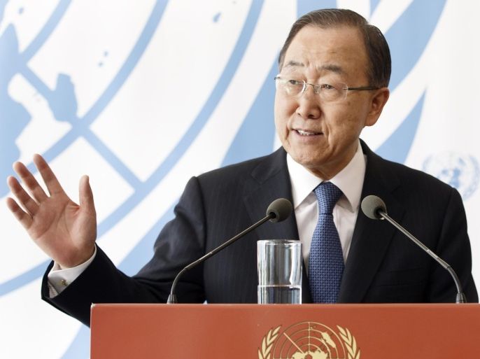 UN Secretary General Ban Ki-moon speaks at a media briefing during the Olympic flame stop at the European headquarters of the United Nations in Geneva, Switzerland, Friday, April 29, 2016. (Salvatore Di Nolfi/Keystone via AP)