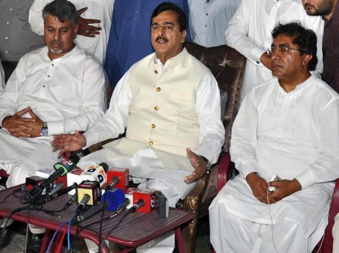 Former Pakistani Prime Minister Yusuf Raza Gilani speaks to journalists after he received a phone call from his son who was kidnapped in year 2013, in Multan, Pakistan, 25 May 2015. Yousaf Raza Gilani said that unknown kidnappers asked for their accomplices to be freed from Pakistani Prisons in return of his son. Ali Haider Gilani the son of former PM Gilani was kidnapped by suspected militants during an election campaign in 2013.