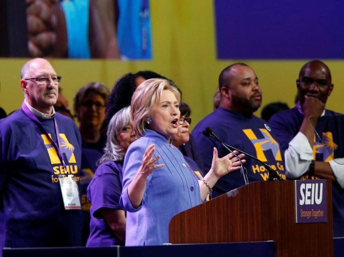Democratic presidential candidate Hillary Clinton addresses Service Employees Union (SEIU) members at the union's 2016 International Convention in Detroit, Michigan May 23, 2016. REUTERS/Rebecca Cook