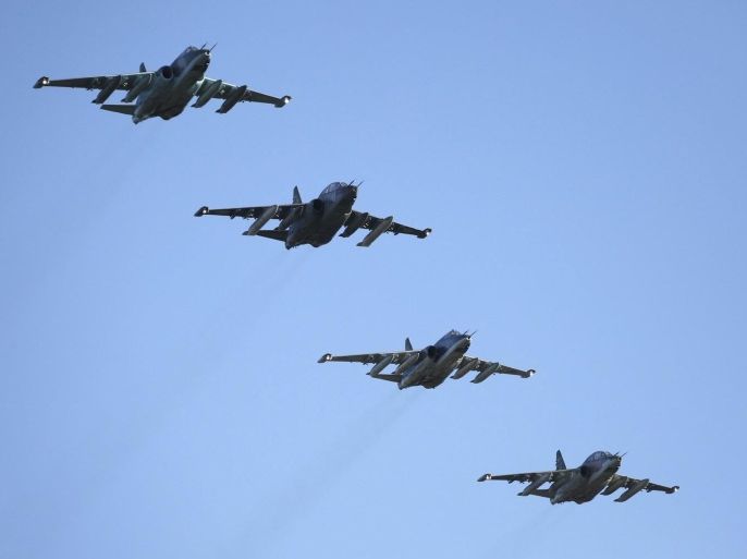 Russian Sukhoi Su-25 fighter jets fly in formation after returning from Syria, before landing at an airbase in Krasnodar region, southern Russia, in this March 16, 2016 handout photo by the Russian Ministry of Defence. REUTERS/Russian Ministry of Defence/Olga Balashova/Handout via Reuters ATTENTION EDITORS - THIS IMAGE WAS PROVIDED BY A THIRD PARTY. REUTERS IS UNABLE TO INDEPENDENTLY VERIFY THE AUTHENTICITY, CONTENT, LOCATION OR DATE OF THIS IMAGE. THE PICTURE IS DISTRIBUTED EXACTLY AS RECEIVED BY REUTERS, AS A SERVICE TO CLIENTS. FOR EDITORIAL USE ONLY. NOT FOR SALE FOR MARKETING OR ADVERTISING CAMPAIGNS. NO RESALES. NO ARCHIVE.