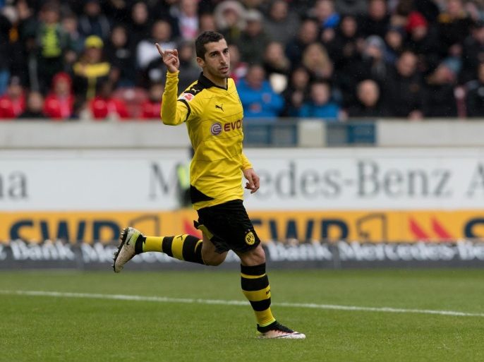 Dortmund's Henrikh Mkhitaryan celebrating the 0:3 goal during the German Bundesliga soccer match between VfB Stuttgart and Borussia Dortmund at Mercedes-Benz Arena in Stuttgart, Germany, 23 April 2016. (EMBARGO CONDITIONS - ATTENTION: Due to the accreditation guidlines, the DFL only permits the publication and utilisation of up to 15 pictures per match on the internet and in online media during the match.)