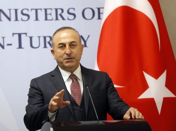 Foreign ministers of Turkey Mevlut Cavusoglu speaks during a joint news conference with, Georgian Foreign Minister Mikheil Janelidze (not pictured) and Azerbaijan's Foreign Minister Elmar Mammadyarov (not pictured) in Tbilisi, Georgia 19 February 2016. Georgia hosted the fifth trilateral meeting between Georgian, Azerbaijan and Turkish Foreign ministers.