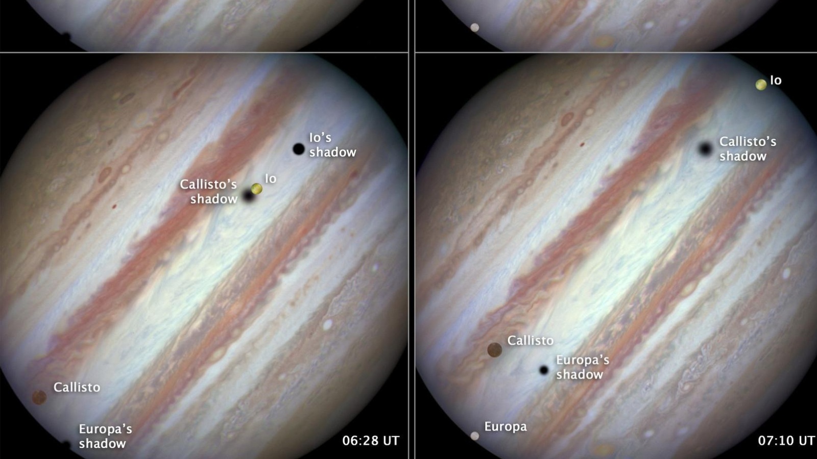 ‪ثلاثة من أقمار المشتري يشاهد ظلها على سطح الكوكب كما التقطها تلسكوب الفضاء هابل‬ (رويترز)