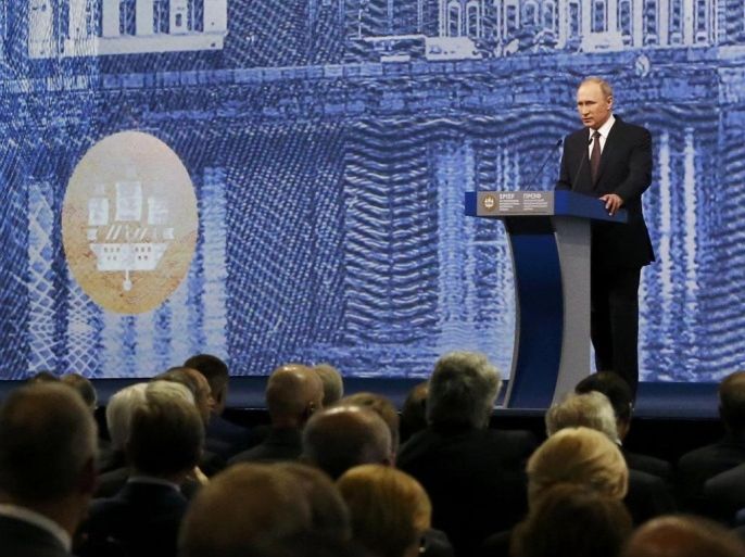 Russian President Vladimir Putin delivers a speech during a session of the St. Petersburg International Economic Forum 2016 (SPIEF 2016) in St. Petersburg, Russia, June 17, 2016. REUTERS/Grigory Dukor