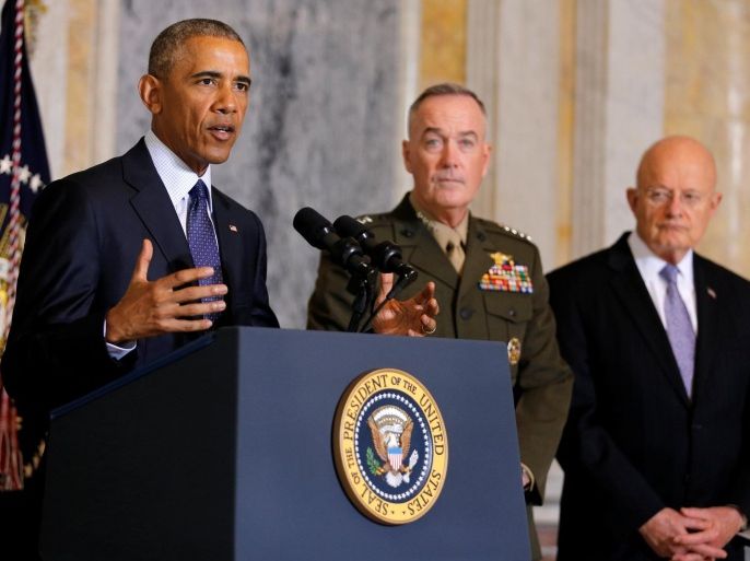 U.S. President Barack Obama delivers a statement accompanied by Director of National Intelligence James Clapper (R) and Chairman of the Joint Chiefs of Staff General Joseph Dunford after a meeting with Obama's national security team at the Treasury Department in Washington, U.S., June 14, 2016. REUTERS/Carlos Barria