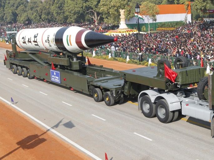 AGNI -V missile, an advanced long surface to surface missile, displayed in the 64th Republic Day of India parade at Rajpath New Delhi India 26 January 2013. India showcased its military hardware at the Republic Day parade one day after President Pranab Mukherjee warned Pakistan not to take their friendship for granted. The event commemorates the date India's constitution came into force on January 26, 1950.