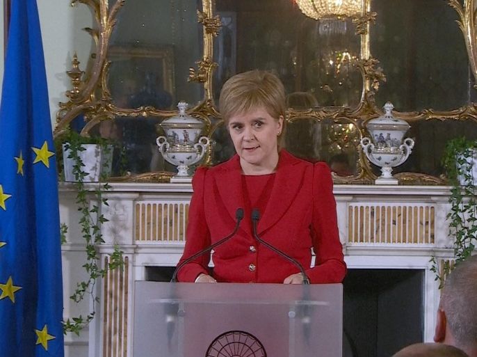 A still image from video showS Scotland's First Minister Nicola Sturgeon speaking following the results of the EU referendum, in Edinburgh, Scotland, Britain June 24, 2016. REUTERS/UK Parliament via REUTERS TV NO COMMERCIAL OR BOOK SALES. NO SALES. FOR EDITORIAL USE ONLY. NOT FOR SALE FOR MARKETING OR ADVERTISING CAMPAIGNS
