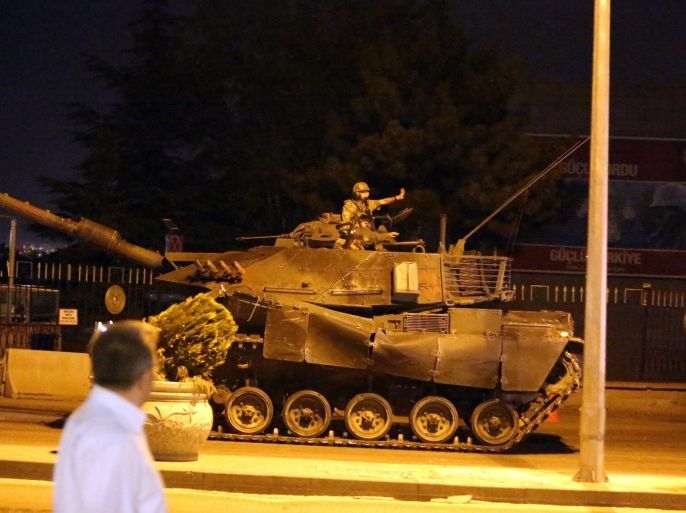 Turkish soldiers patrol the streets on a tank in Ankara, Turkey, 16 July 2016. Turkish Prime Minister Yildirim reportedly said that the Turkish military was involved in an attempted coup d'etat. The Turkish military meanwhile stated it had taken over control.