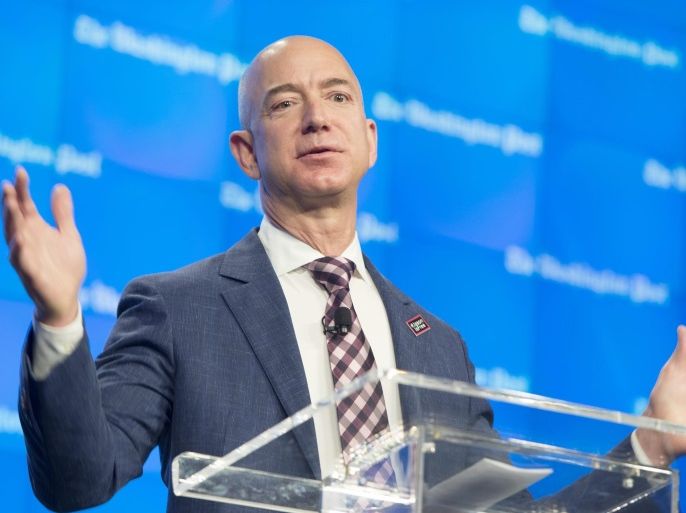 Owner of the Washington Post and founder of Amazon, Jeff Bezos, delivers remarks at an event celebrating the new location of the Washington Post in Washington, DC, USA, 28 January 2016.
