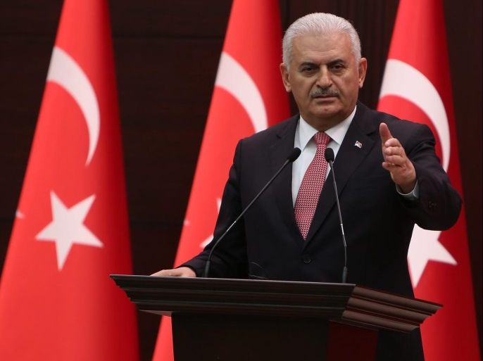 Turkish Prime Minister Binali Yildirim speaks during a press conference in Ankara, Turkey, 27 June 2016. Turkey and Israel on 27 June announced that they have repaired ties after a six year conflict over a disagreement regarding the killing of 10 pro-Palestinian Turkish activist by Israeli soldiers when the Turkish Mavi Marmara flotilla breached Gaza's naval blockade in 2010.