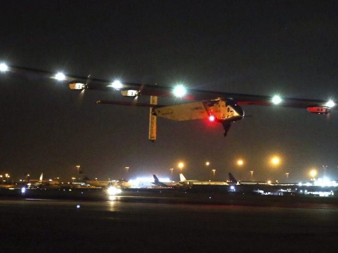 Swiss long-range experimental solar-powered aircraft, Solar Impulse 2 takes off from Cairo International Airport in Cairo, Egypt, 24 July 2016, as it heads to Abu Dhabi, United Arab Emirates, for its final leg of the round-the-world solar flight.