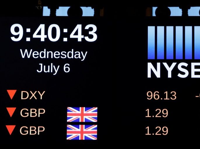 A board shows the current standing of the British Pound Sterling on the floor of the New York Stock Exchange (NYSE) shortly after the opening bell in New York, U.S., July 6, 2016. REUTERS/Lucas Jackson
