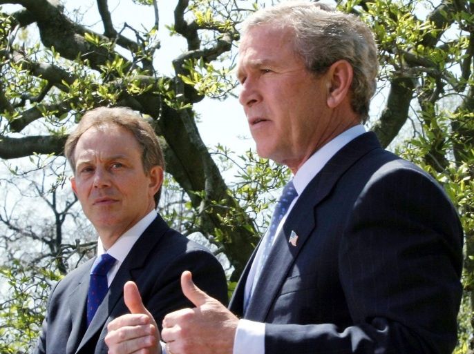 (FILE) A file photo dated 16 April 2004 showing then US President George W. Bush (R) with then British Prime Minister Tony Blair talking to media at the White House, Washington, USA. The report by Sir John Chilcot on whether it was right and neccessary to invade Iraq concluded 06 July 2016 the invasion and subsequent war against Iraq was 'not the last resort'. Chilcot also said US and British policy on Iraq based on 'flawed intelligence and assessments'. EPA/JOE MARQUETTE *** Local Caption *** 00173267