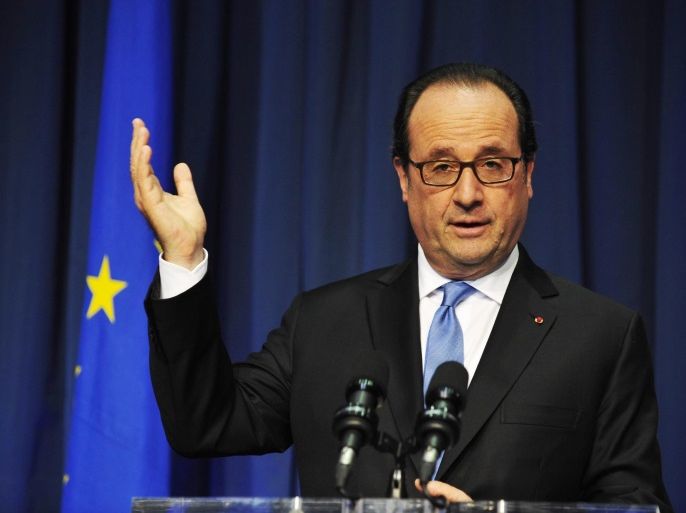 French President Francois Hollande gestures during a joint press conference with Irish Prime Minister, An Taoiseach Enda Kenny (not pictured) in Government Buildings in Dublin, Ireland, 21 July 2016. Hollande is in Ireland on invitation by the An Taoiseach.