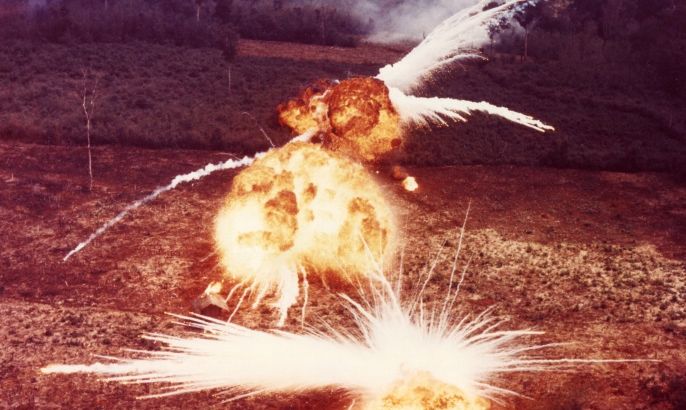 View of fireballs from ignited napalm dropped on suspected Viet Cong targets, South Vietnam, 1966. (Photo by PhotoQuest/Getty Images