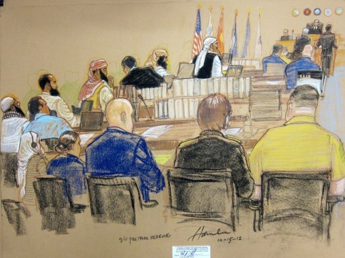 epa03434349 A sketch by court artist Janet Hamlin, and approved by a court security officer, shows the five men accused of conspiracy in the 9/11 attacks during their Military Commissions hearing at the U.S. Navy base Guantanamo Bay, Cuba, 15 October 2012. From left, Mustafa Hawsawi, Ammar al Baluchi, Ramzi bin al Shibh, Walid bin Attash and Khalid Sheik Mohammed. Also shown are support staff along the bottom, and the judge, Army Colonel James L. Pohl, at the bench. EPA/JANET HAMLIN
