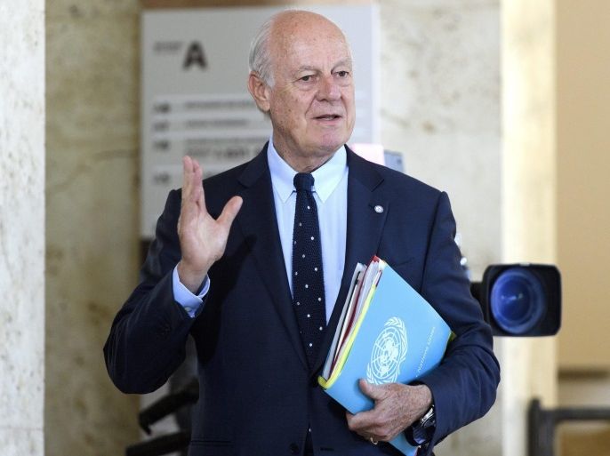 Staffan de Mistura, UN Special Envoy of the Secretary-General for Syria, speaks about the International Syria Support Group's Humanitarian Access Task Force, at the European headquarters of the United Nations, in Geneva, Switzerland, 25 August 2016.
