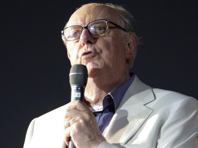 A photo made available on 13 October 2016 shows Dario Fo, Italian actor-playwright, comedian, singer, theatre director, stage designer, songwriter and political campaigner, and recipient of the 1997 Nobel Prize in Literature, during his laudation in honour of Spanish actress Carmen Maura who received the Excellence award for her work, on the stage of Piazza Grande, at the 60th International Film Festival Locarno, Locarno, Switzerland, 04 August 2007. Dario Fo died 13 Ocotber 2016 aged 90. EPA/KARL MATHIS DATABASE