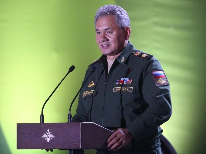 Russian Defence Minister Sergei Shoigu speaks during the closing ceremony of the Army Games 2016 in Alabino, Moscow region, Russia, 13 August 2016. Some 121 teams from 19 countries compete in 23 military disciplines in different military grounds in Russia.