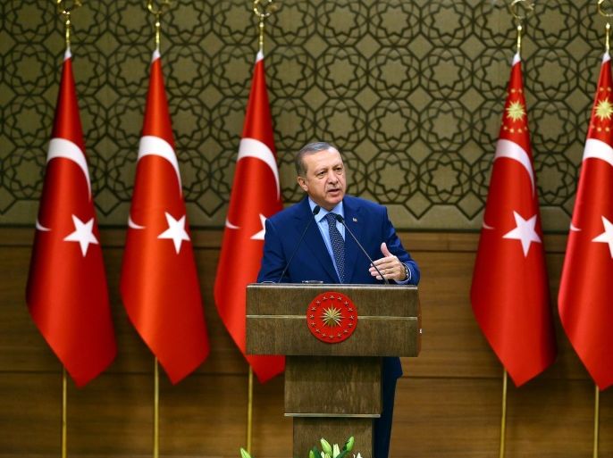 Turkish President Tayyip Erdogan makes a speech during his meeting with mukhtars at the Presidential Palace in Ankara, Turkey, September 29, 2016. Kayhan Ozer/Presidential Palace/Handout via REUTERS ATTENTION EDITORS - THIS PICTURE WAS PROVIDED BY A THIRD PARTY. FOR EDITORIAL USE ONLY. NO RESALES. NO ARCHIVE.