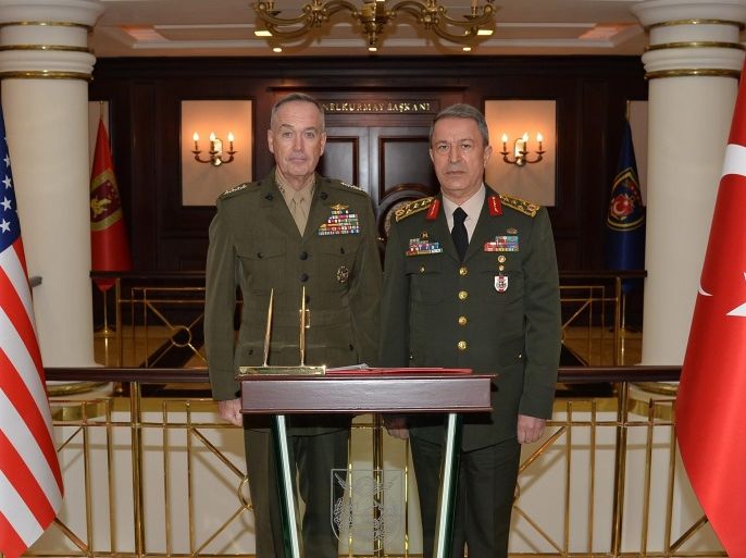 A handout photo provided by the Turkish General Staff Press Office on 06 January 2016 shows the Chairman of the US Joint Chiefs of Staff General Joseph Dunford (L) and Turkish General Hulusi Akar (R), Chief of the General Staff of the Turkish Armed Forces, during their meeting in Ankara, Turkey, 06 January 2016. Media reports state that General Dunford is in Turkey for a series of meetings with military and other officials. It is expected that the fight against the so-called 'Islamic State' was the main topic of their talks. EPA/TURKISH GENERAL STAFF PRESS OFFICE/HANDOUT