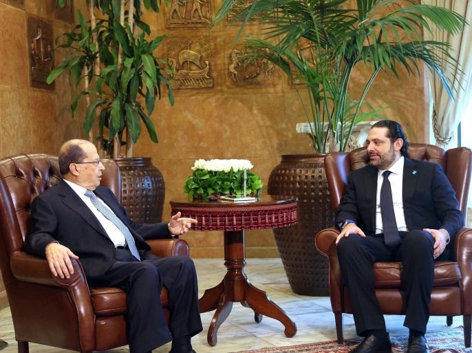 Lebanese President-elect Michel Aoun (L) meets with Lebanese Prime Minister-designate Saad Hariri (R) at the presidential palace in Baabda, east Beirut Lebanon, 03 October 2016. Lebanese President-elect Michel Aoun asked former Premier Saad Hariri to form a new government.
