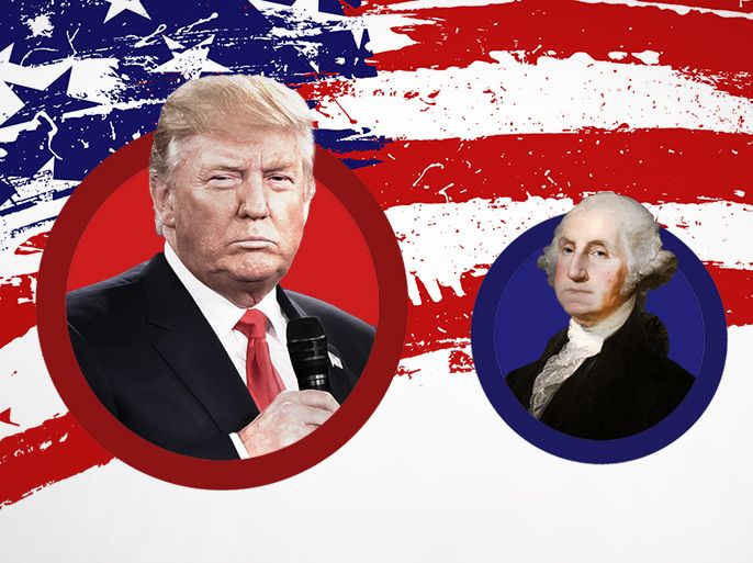 الموسوعة - تصميم يجمع بين جورج واشنطن George Washington ودونالد ترامب وأي معْلم أميركي مثل العلم أو تمثال الحرية