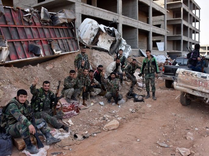 Syrian soldiers take a rest after they  liberated the area 1070 apartment in Aleppo province ,Syria 08 November 2016. According to media the Syrian army's control over the project in 1070 an apartment south-west city of Aleppo after battles, by Syrian forces against the al-Father Army forces, where Syrian army heading for control of the Al Hekmeh and the Al-rashidine area and suburb Assad School.