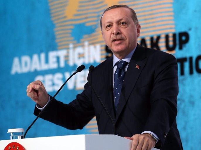 A handout picture provided by Turkish President Press office shows Turkish President Recep Tayyip Erdogan speaking during the International Women and Justice Summit in Istanbul, Turkey, 25 November 2016. EPA/TURKISH PRESIDENT PRESS OFFICE/HANDOUT
