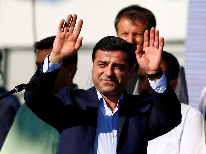File Photo: Selahattin Demirtas, co-leader of the pro-Kurdish Peoples' Democratic Party (HDP), greets the crowd during a peace rally to protest against Turkish military operations in northern Syria, in Istanbul, Turkey, September 4, 2016. REUTERS/Osman Orsal/File Photo