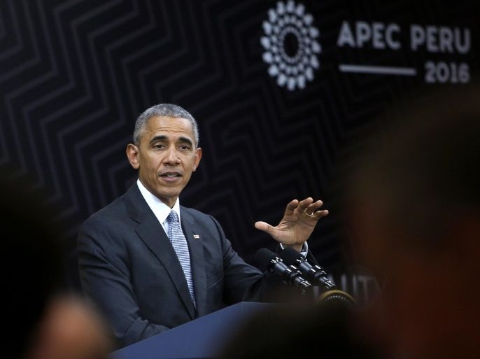 US President Barack Obama speaks during a press conference at the end of the Asia-Pacific Economic Cooperation (APEC) Summit in Lima, Peru, 20 November 2016.