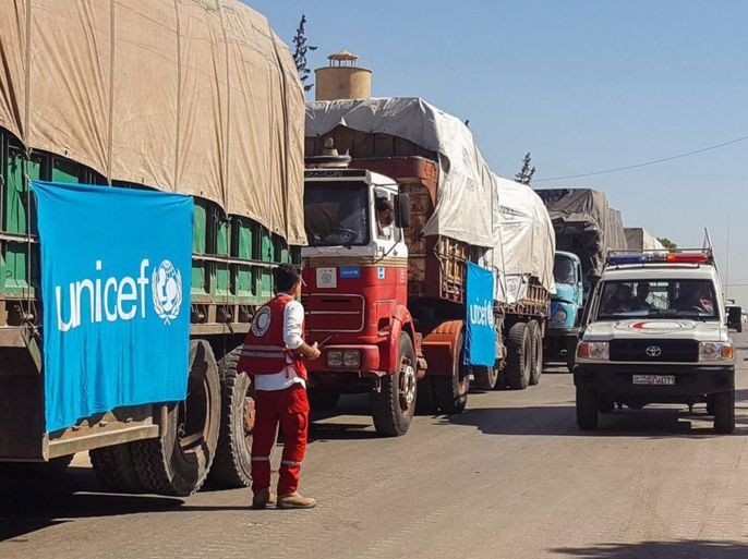 A handout picture made available on the website of Syrian Red Crescent showing an aid convoy of 31 trucks preparing to set off to deliver aid to the western rural side of Aleppo, Syria, 19 September 2016. Reports state that Syrian Red Crescent trucks were bombed after a routine delivery of supplies to the beleaguered city of Aleppo in which more than 10 people were killed in the attack, a Red Cross Official has said. EPA/SYRIAN RED CRESENT / HANDOUT